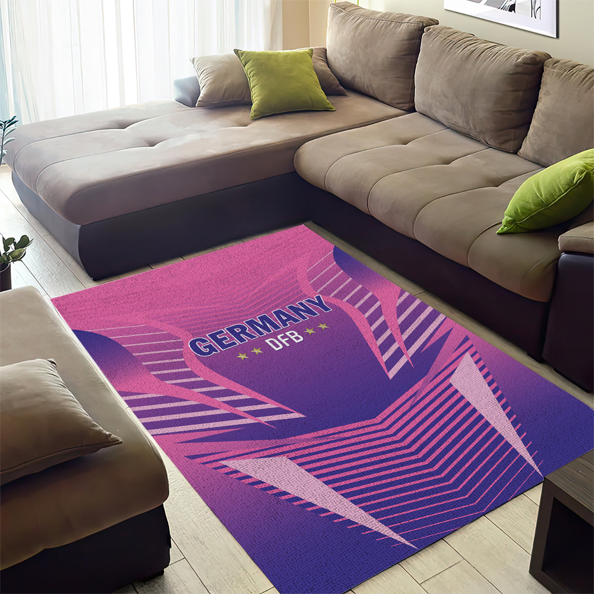 Pink and purple Germany DFB area rug under living room sofa, “GERMANY DFB” emblem in stripes
