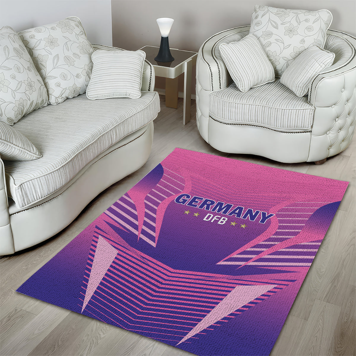 Pink and purple Germany DFB area rug on hardwood, “GERMANY DFB” logo with star details