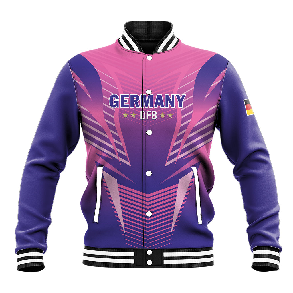 Personalized varsity jacket, pink/purple front with 'GERMANY' and 'DFB' button placket