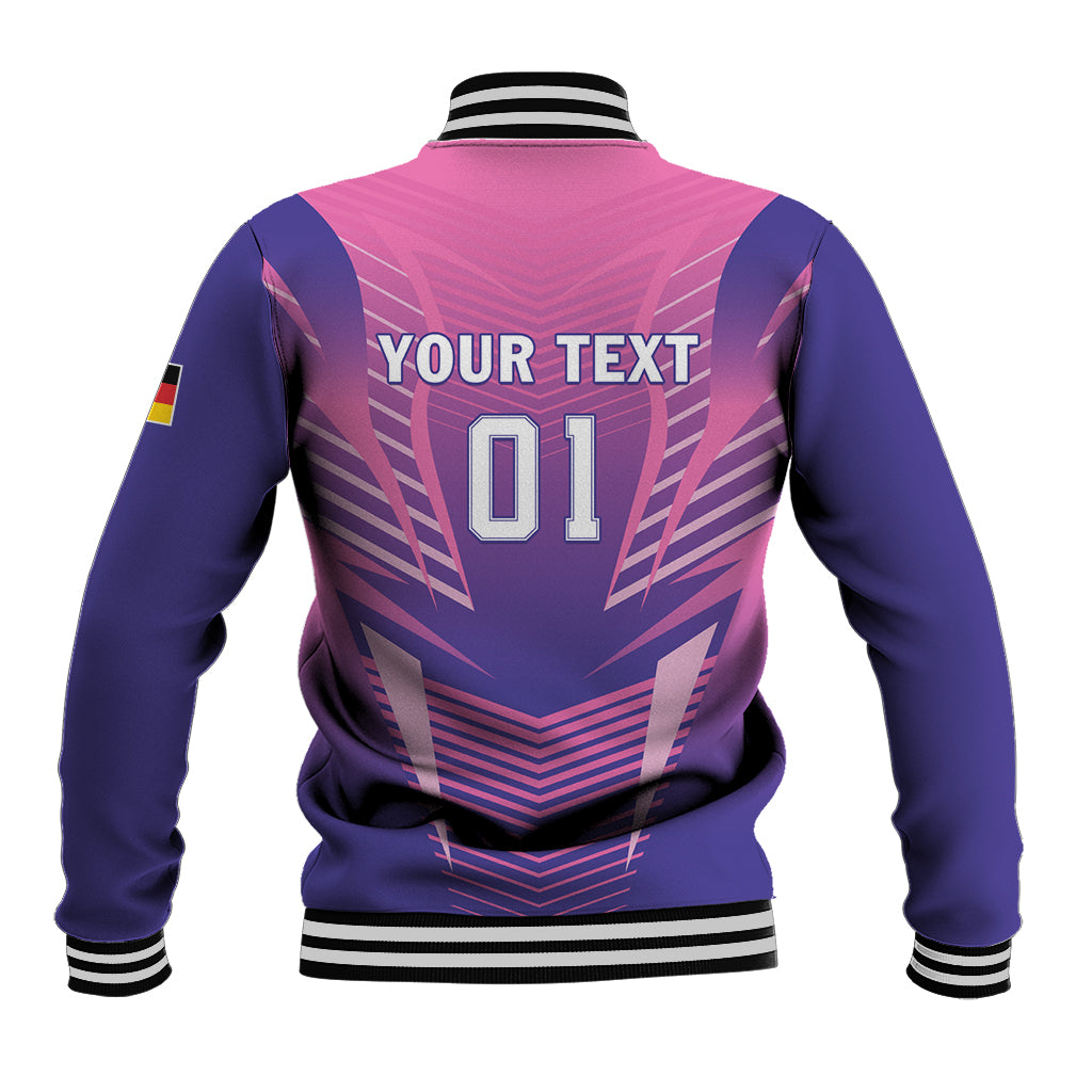 Personalized varsity jacket, pink/purple back graphic with 'YOUR TEXT' and '01'