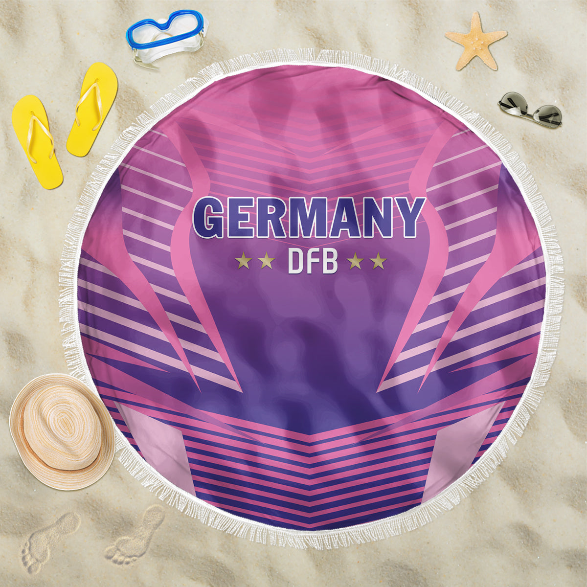 Round pink beach blanket, fringed border, Germany DFB crest centered on purple design