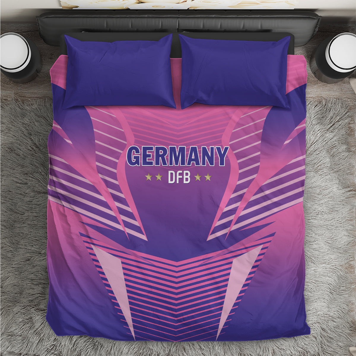 Pink and purple football bedding set with Germany DFB logo and two blue pillowcases