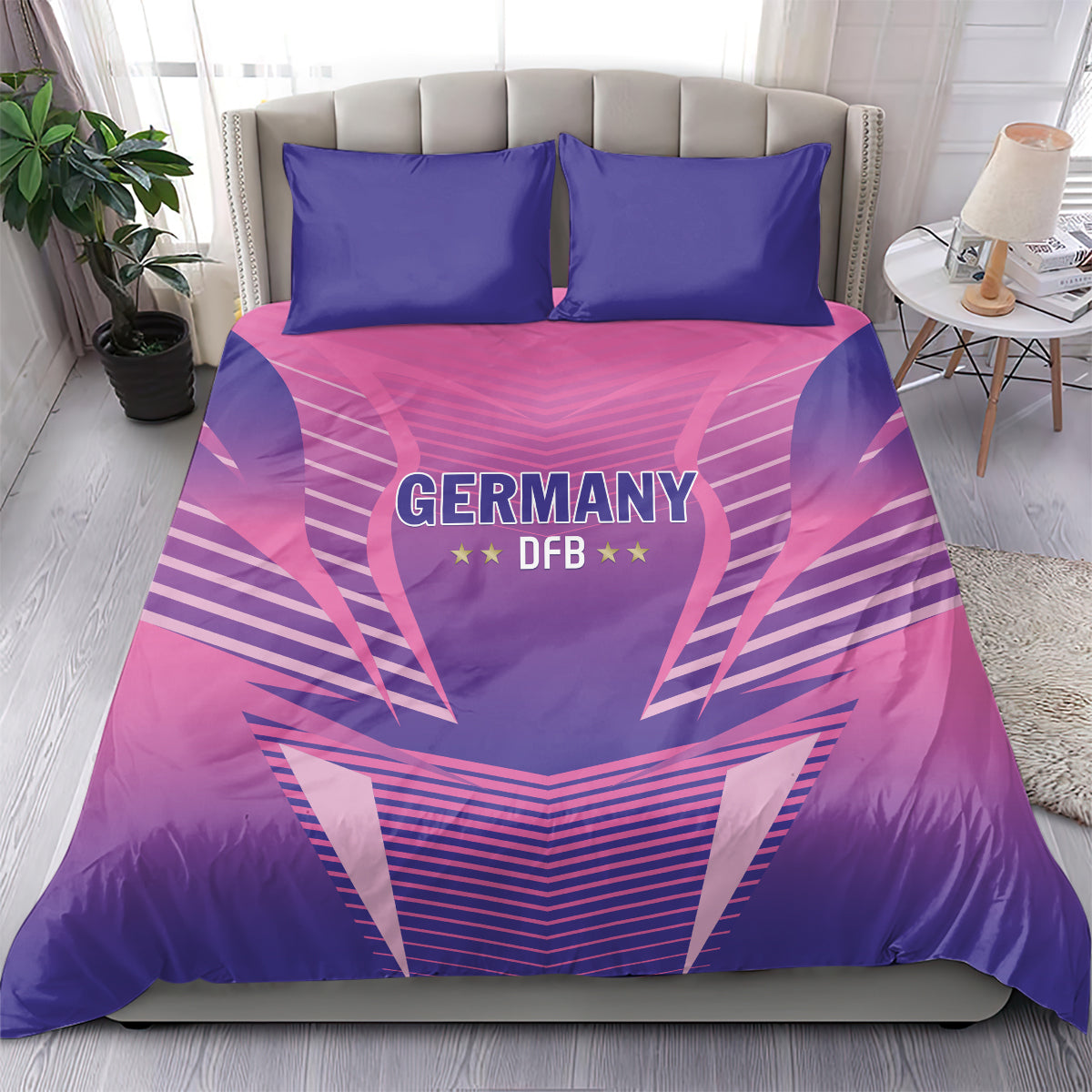 Pink and purple duvet cover with Germany DFB emblem and two solid blue pillow shams