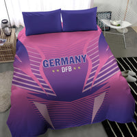 Pink and purple football duvet set showing Germany DFB crest with two blue pillowcases