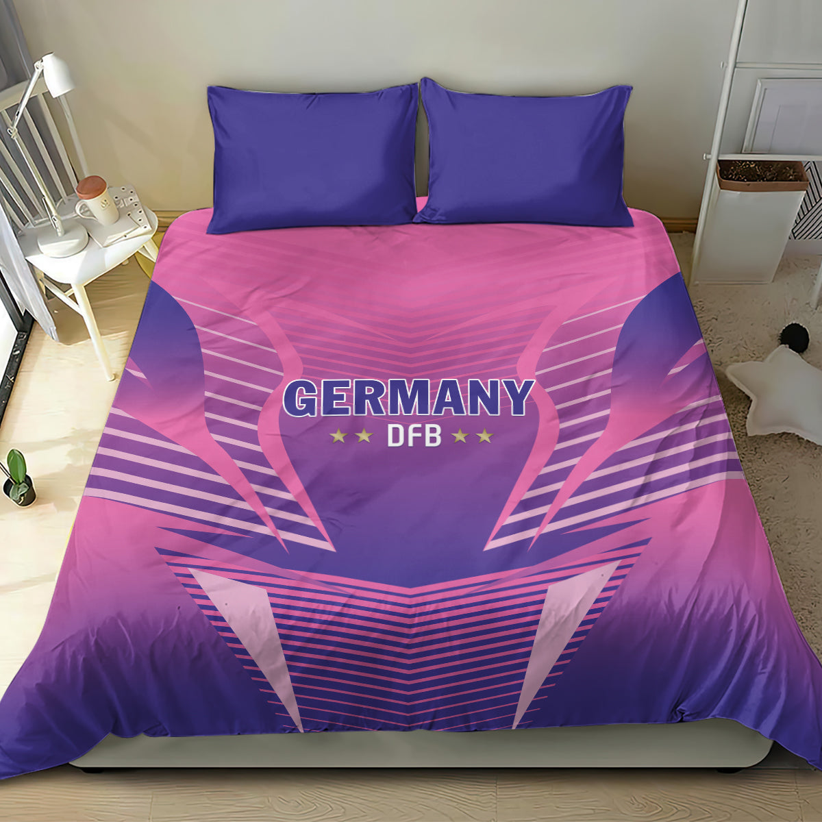 Pink and purple duvet cover featuring Germany DFB logo with two blue pillow shams