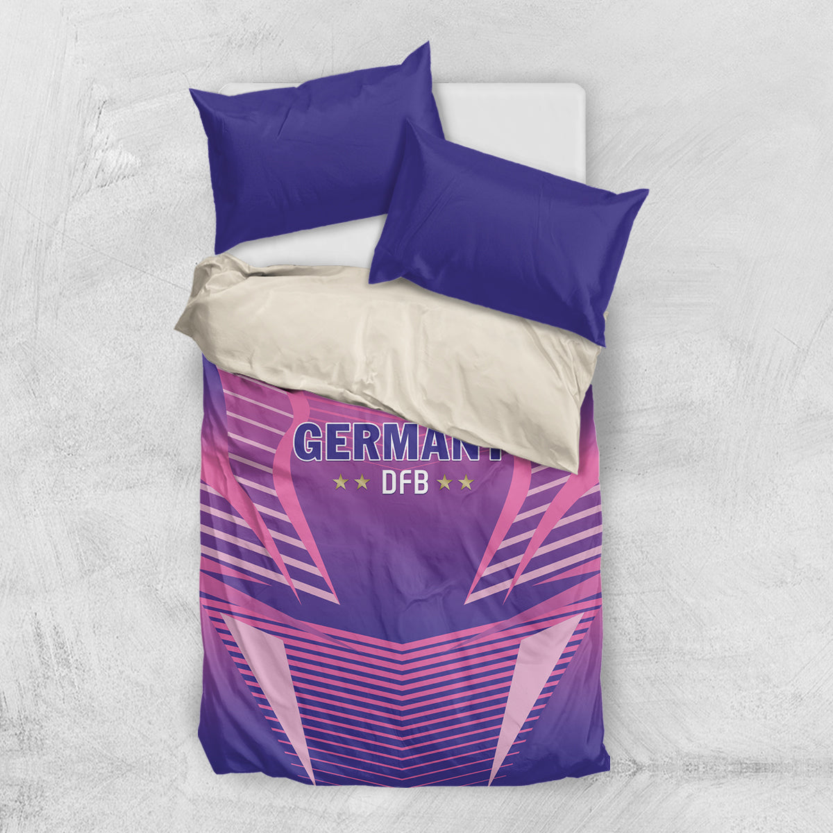 Pink and purple bedding set with Germany DFB emblem and two blue pillowcases
