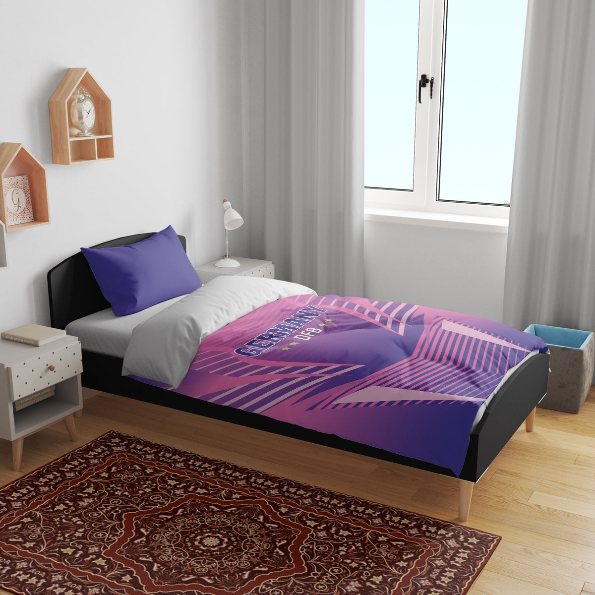Pink and purple duvet cover with Germany DFB logo and two blue pillow shams