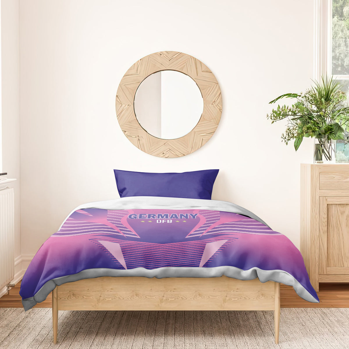 Pink and purple football duvet set with Germany DFB emblem and two blue pillowcases