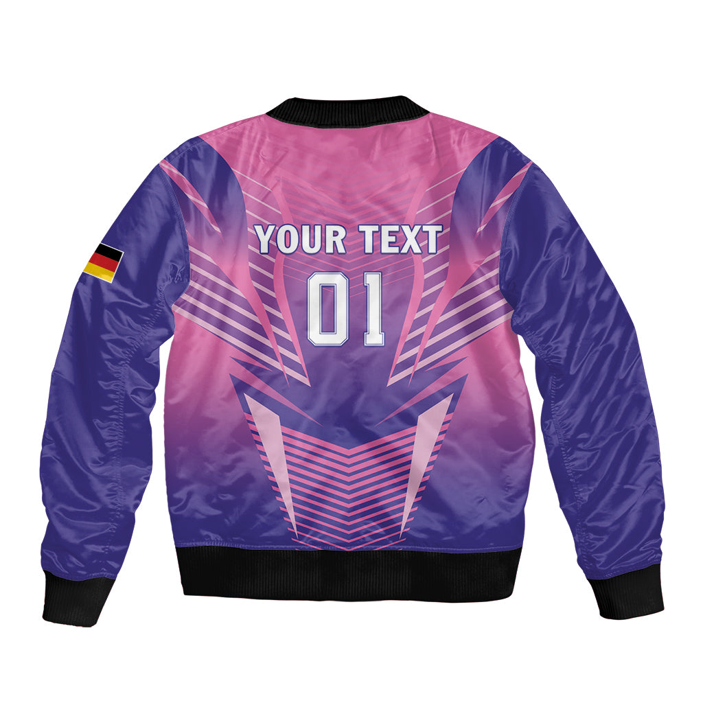 Pink/purple bomber jacket back with 'YOUR TEXT' and '01', ribbed hem and cuffs, sleeve flag