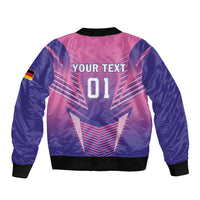 Pink/purple bomber jacket back with 'YOUR TEXT' and '01', ribbed hem and cuffs, sleeve flag