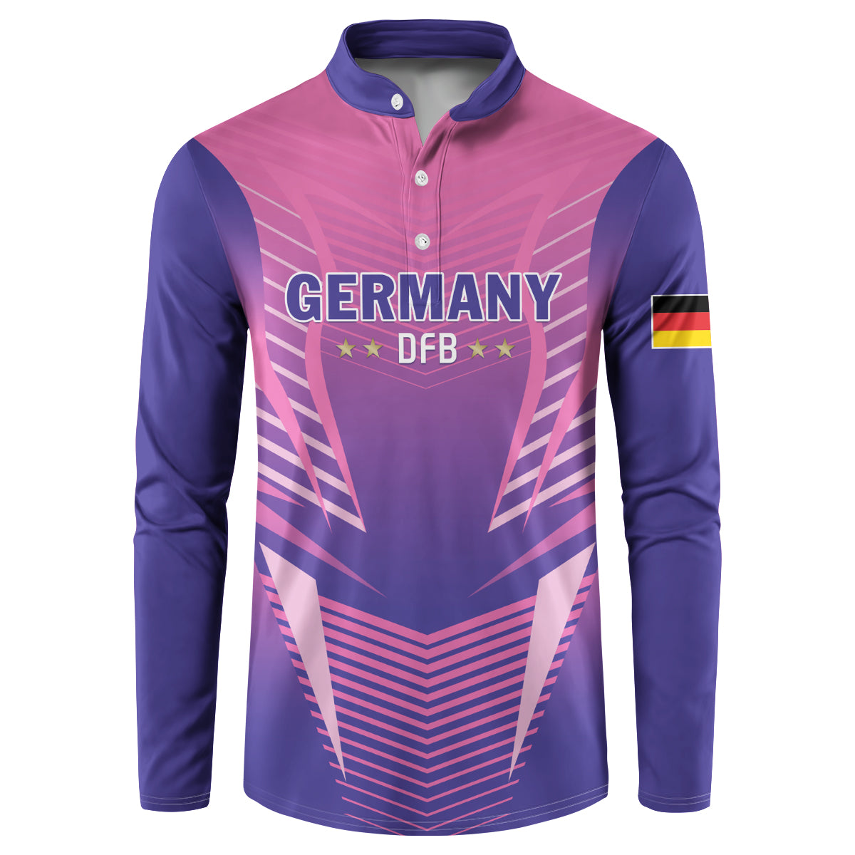 Pink and navy football button sweatshirt with Germany DFB front graphic and flag patch.
