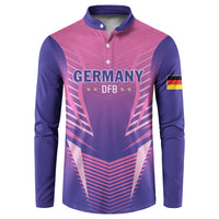 Pink and navy football button sweatshirt with Germany DFB front graphic and flag patch.