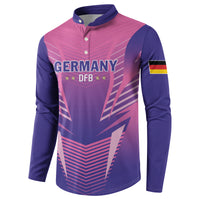 Pink and navy football button sweatshirt, Germany DFB logo and sleeve flag patch.