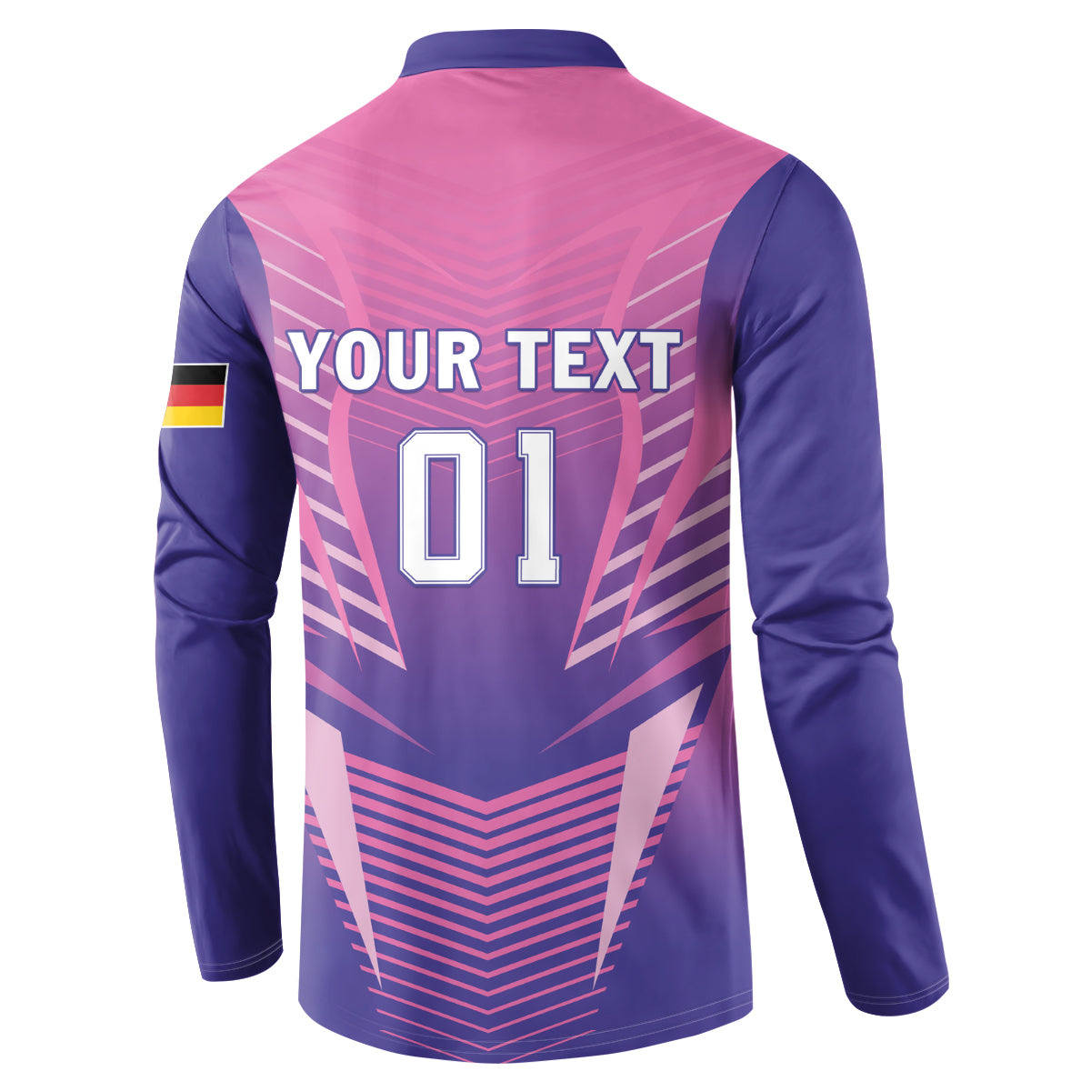 Pink and navy back football sweatshirt with YOUR TEXT 01 and chevron graphic.