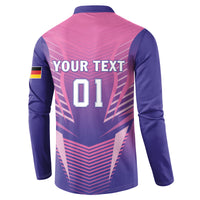 Pink and navy back football sweatshirt with YOUR TEXT 01 and chevron graphic.