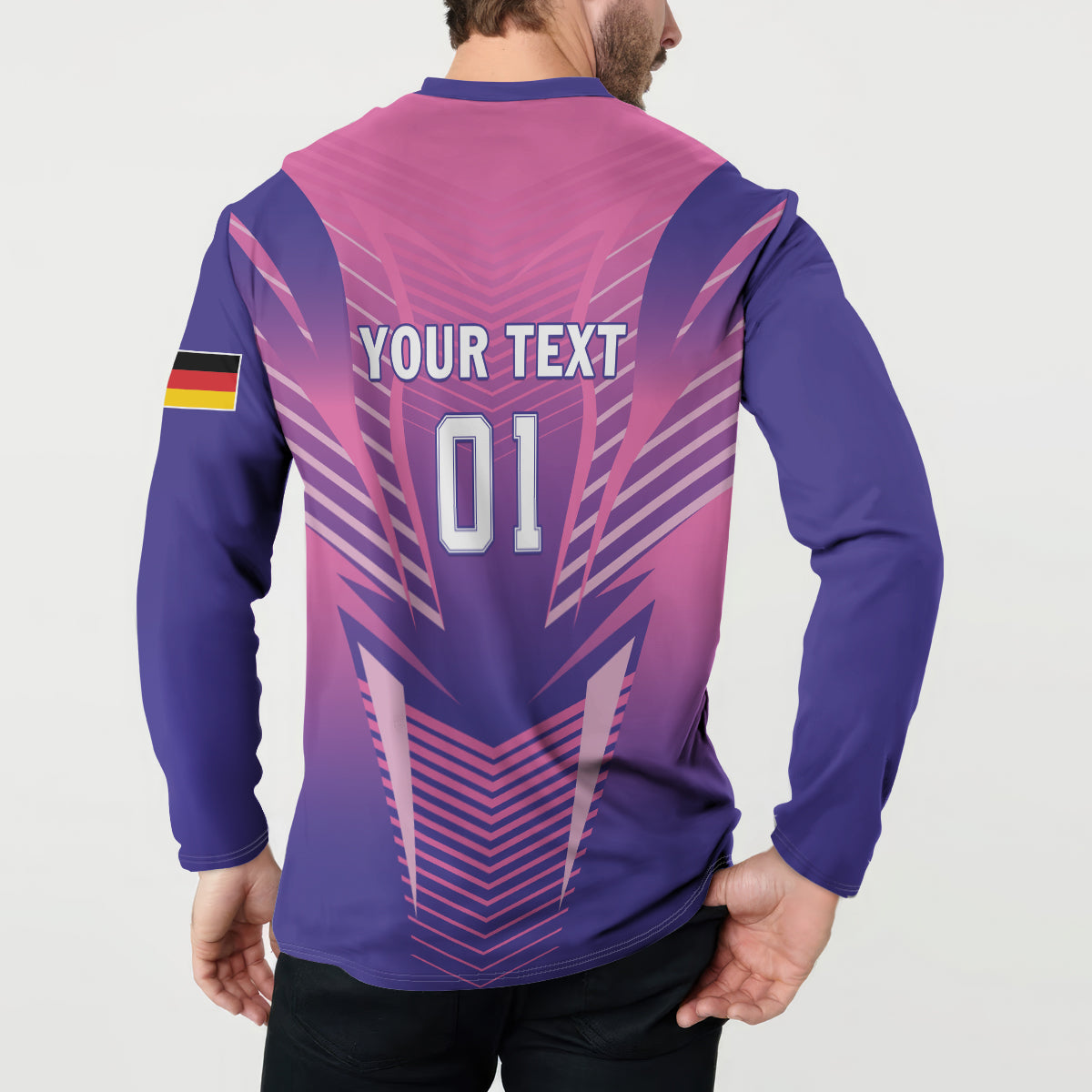 Pink and navy back football sweatshirt with YOUR TEXT 01 and flag sleeve patch.