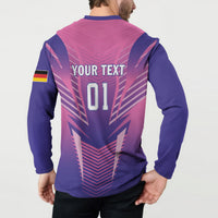Pink and navy back football sweatshirt with YOUR TEXT 01 and flag sleeve patch.