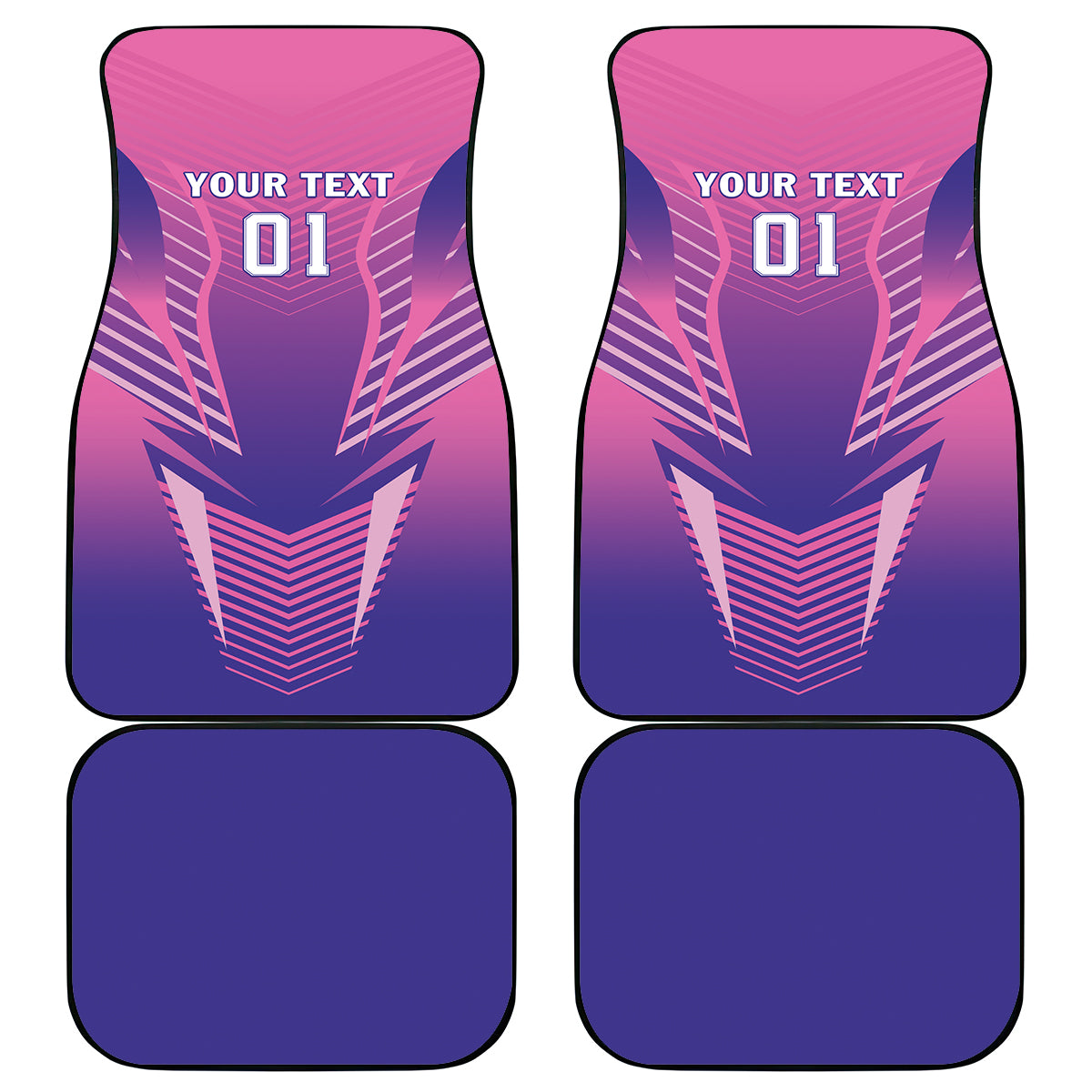 Set of 4 pink and purple gradient car floor mats with angular graphic design