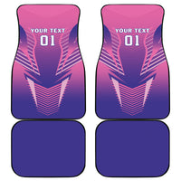 Set of 4 pink and purple gradient car floor mats with angular graphic design