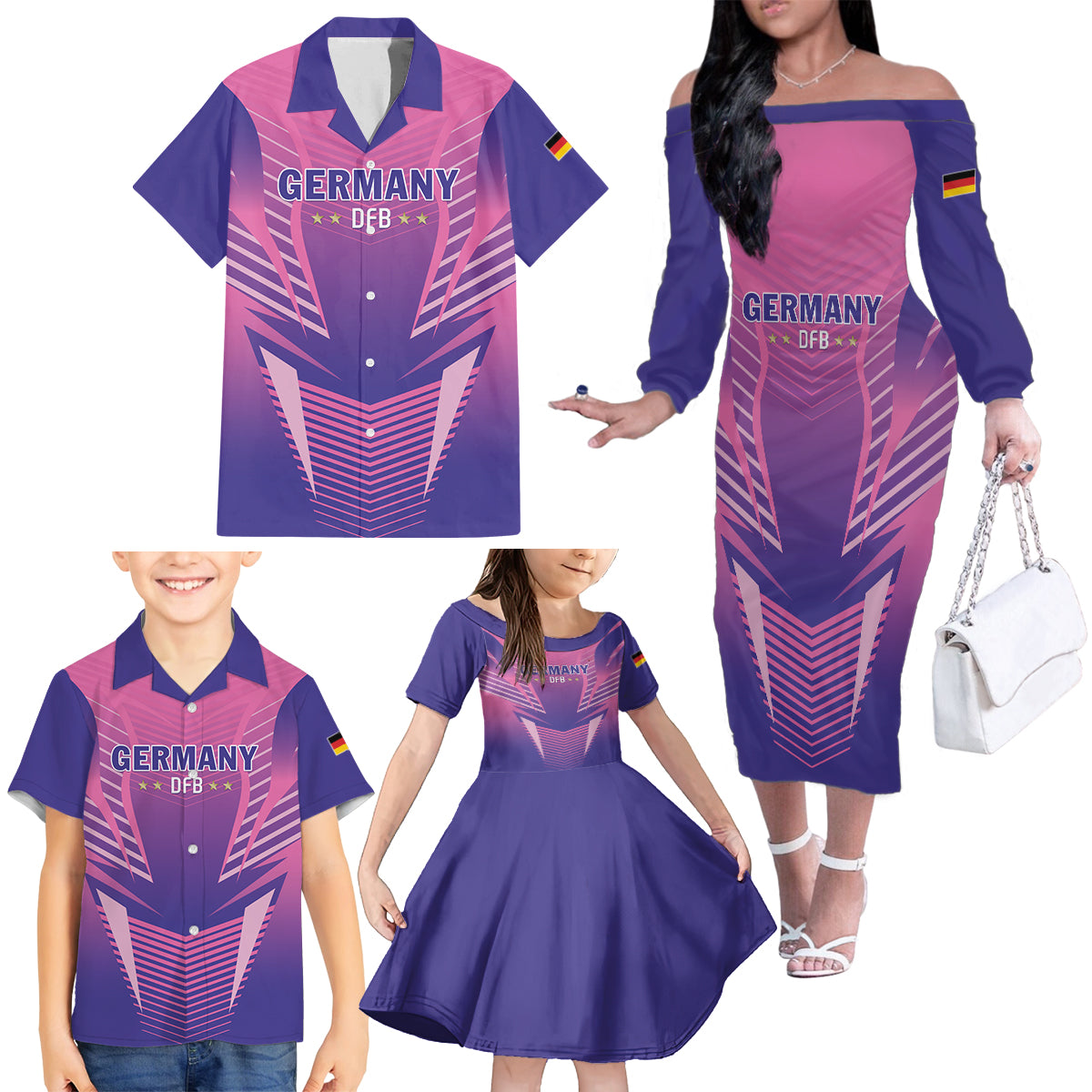 Personalized Germany 2024 Football Family Matching Off The Shoulder Long Sleeve Dress and Hawaiian Shirt DFB Team Pink Version