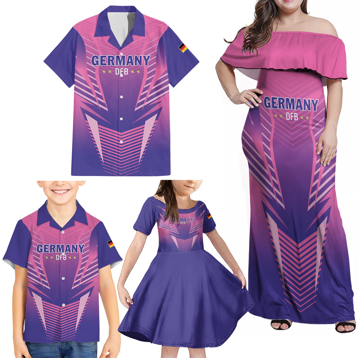 Personalized Germany 2024 Football Family Matching Off Shoulder Maxi Dress and Hawaiian Shirt DFB Team Pink Version - Wonder Print Shop