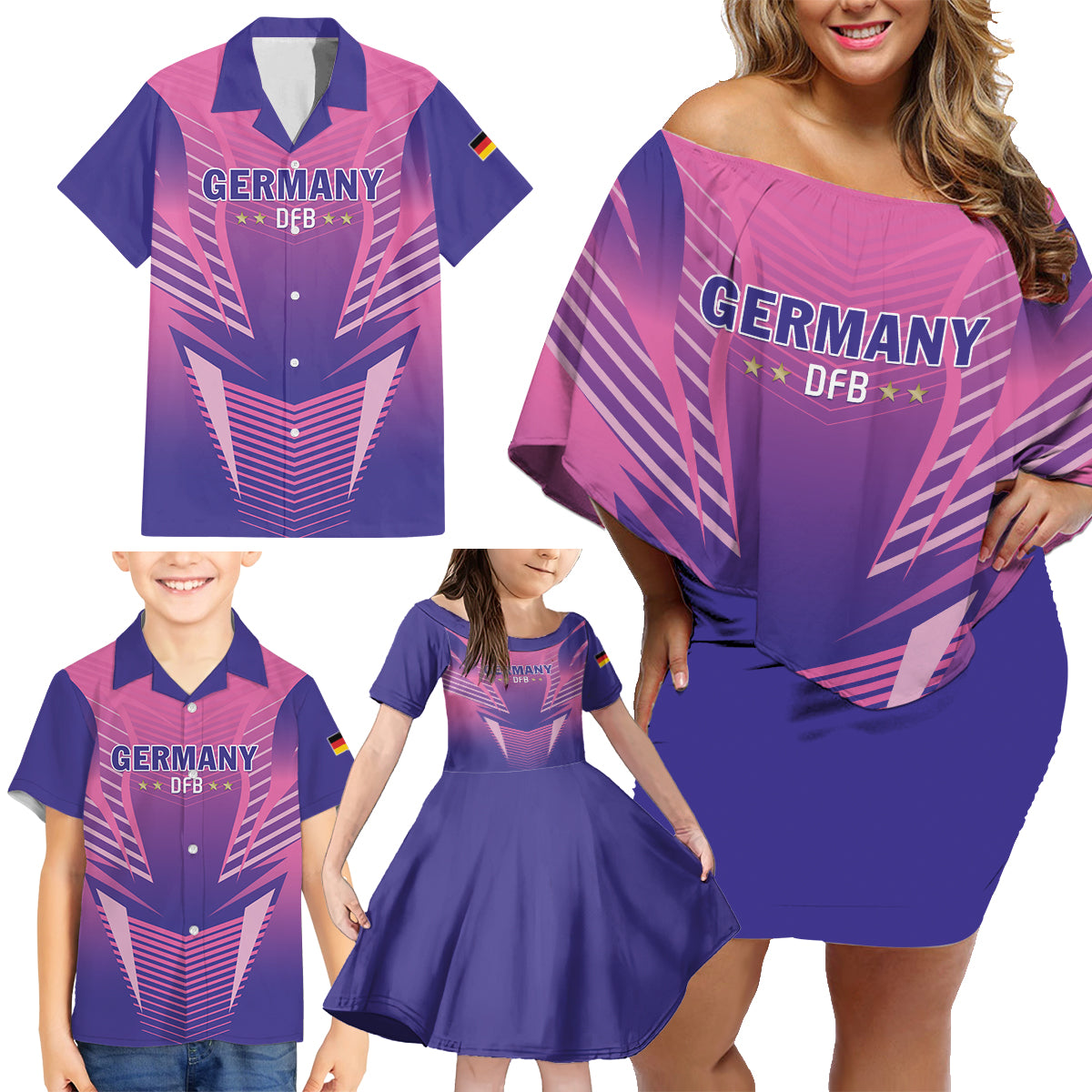 Personalized Germany 2024 Football Family Matching Off Shoulder Short Dress and Hawaiian Shirt DFB Team Pink Version