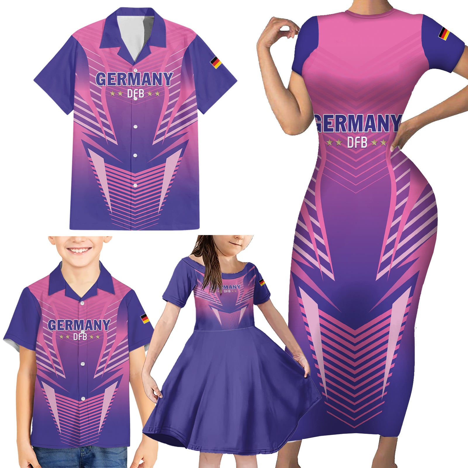 Personalized Germany 2024 Football Family Matching Short Sleeve Bodycon Dress and Hawaiian Shirt DFB Team Pink Version