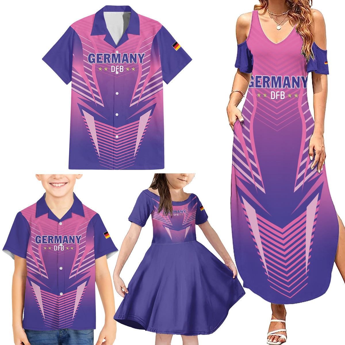 Personalized Germany 2024 Football Family Matching Summer Maxi Dress and Hawaiian Shirt DFB Team Pink Version