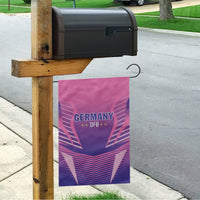 Germany DFB football garden flag on a wooden post, pink and purple with “GERMANY” and “DFB”
