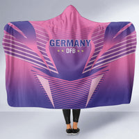 Pink Germany football hooded blanket with DFB crest and striped design, front view