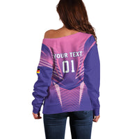 Women’s off-shoulder football sweater, pink and purple, YOUR TEXT 01 on back