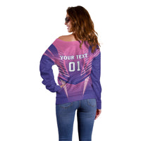 Women’s off-shoulder football sweater, pink and purple, YOUR TEXT 01 back print
