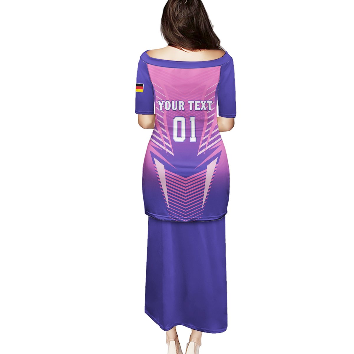 Back view of pink long football dress with navy sleeves, 'YOUR TEXT' and '01' print