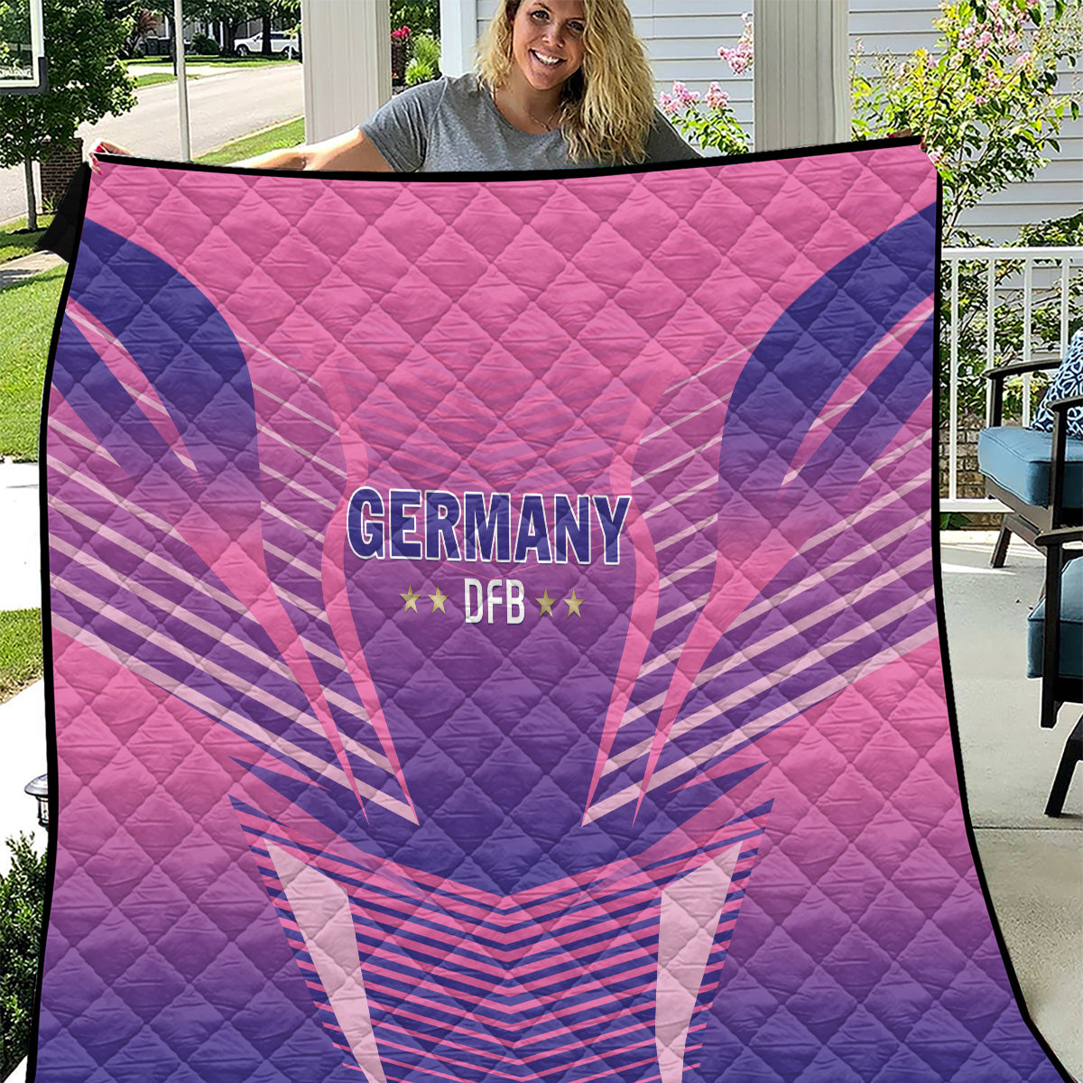 Germany 2024 football quilt in pink and dark blue with DFB text and crest