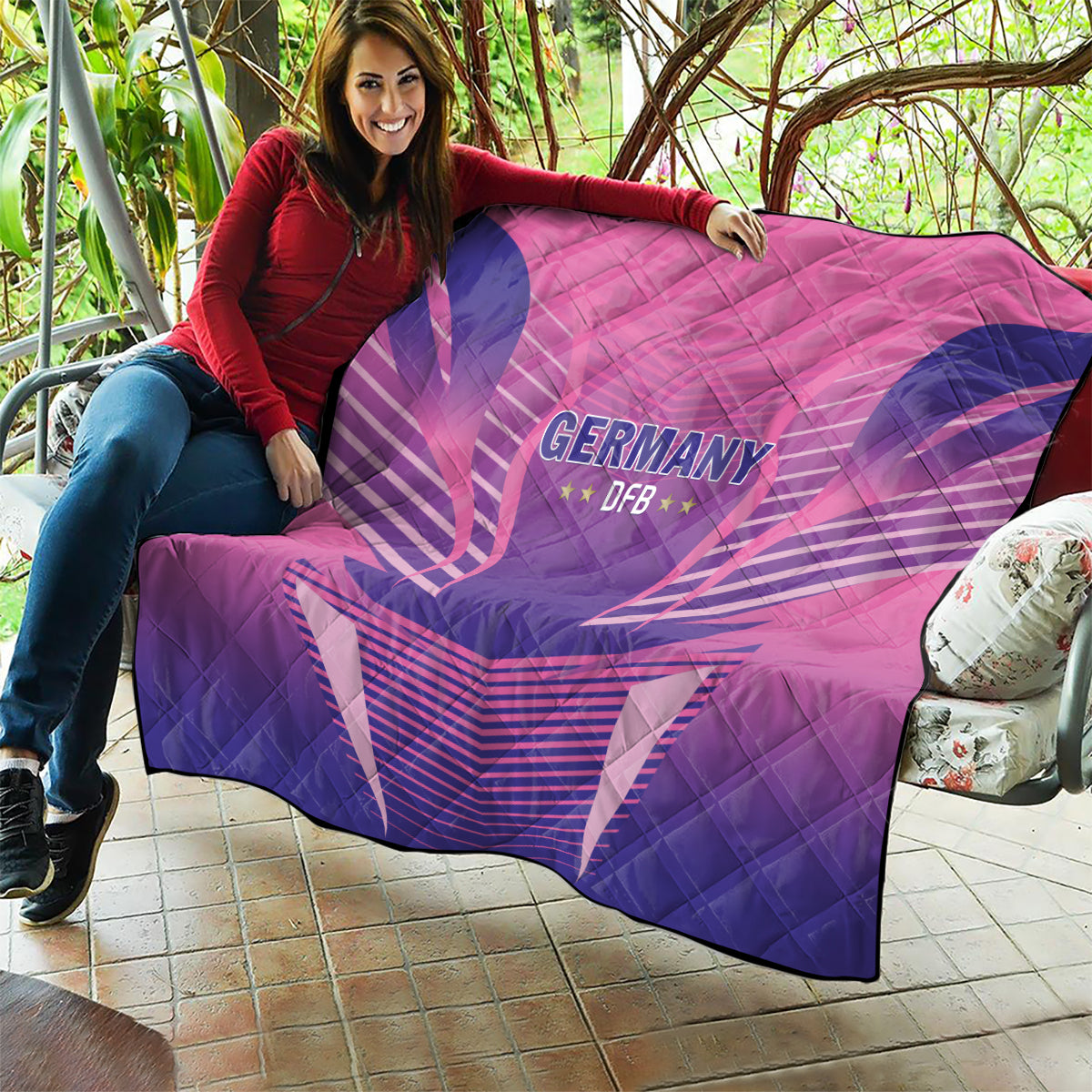 Pink and dark blue Germany 2024 football quilt with DFB emblem and star details