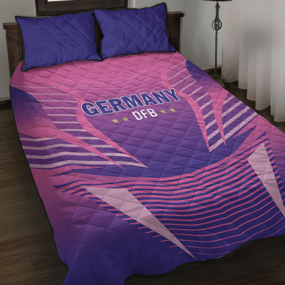 Pink and purple quilt bed set with Germany DFB logo, two dark blue pillows