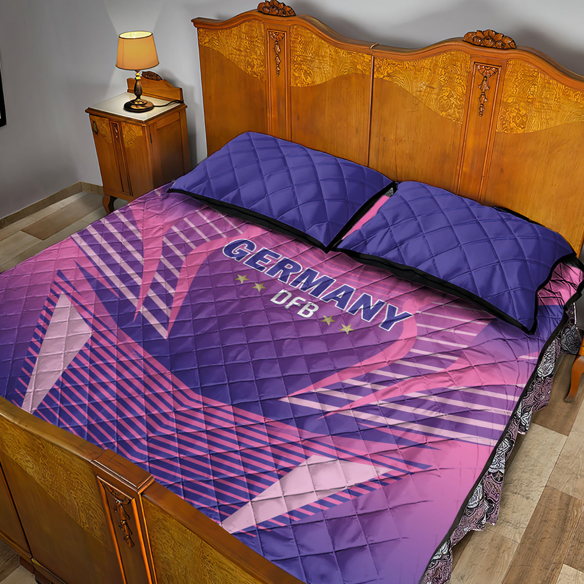 Purple quilt bed set with Germany DFB logo, pink geometric pattern, two pillows