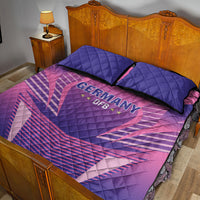 Purple quilt bed set with Germany DFB logo, pink geometric pattern, two pillows