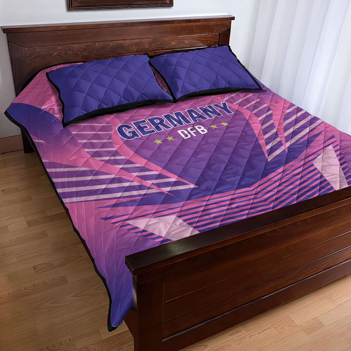Pink and purple quilt bed set with Germany DFB logo, two quilted pillows