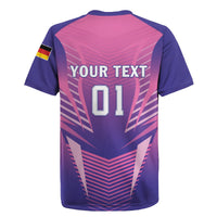 Pink and navy football jersey with geometric pattern, YOUR TEXT and number 01 on back