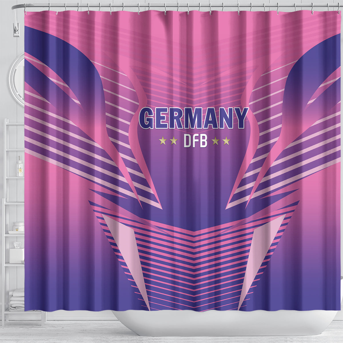 Pink Germany football shower curtain with DFB emblem and blue wing artwork
