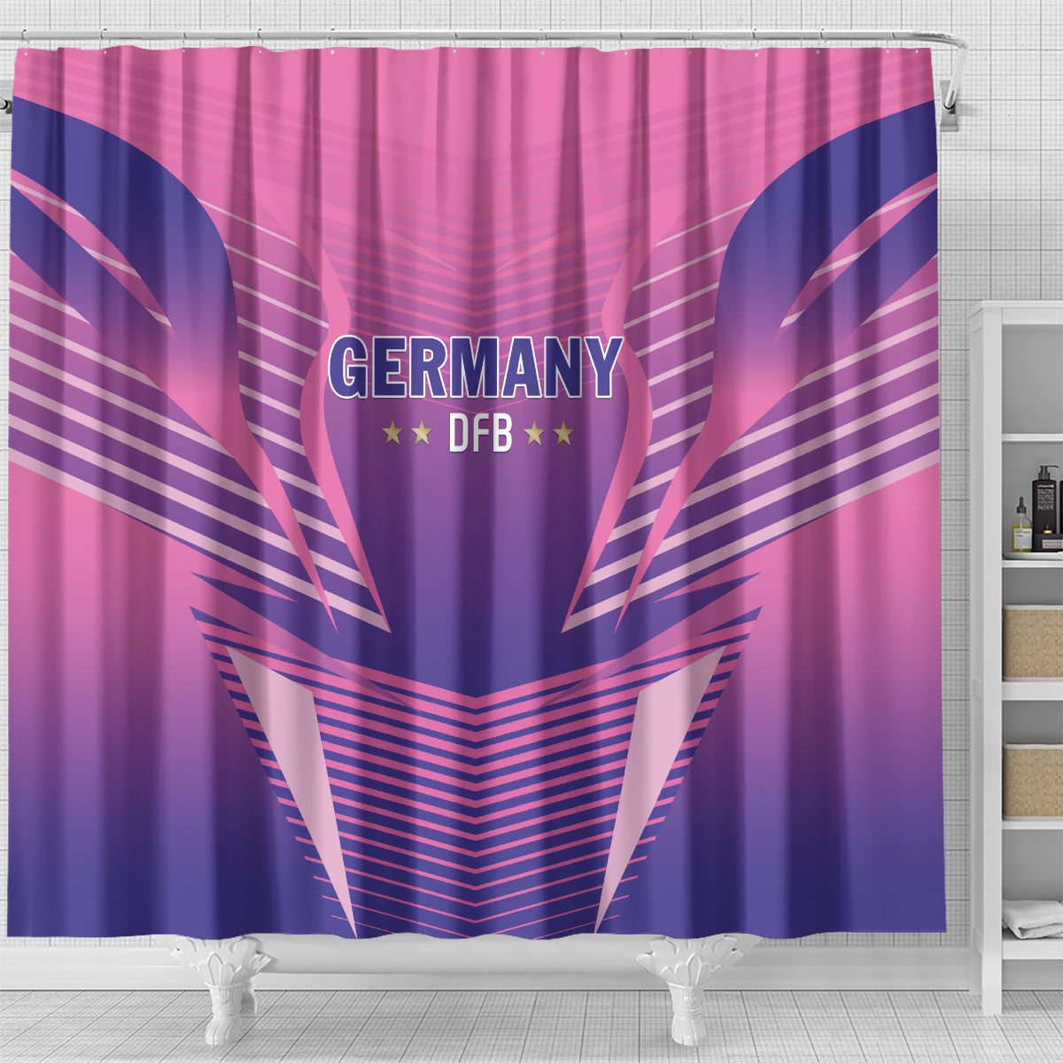 Pink Germany DFB shower curtain with full central crest and blue wing pattern