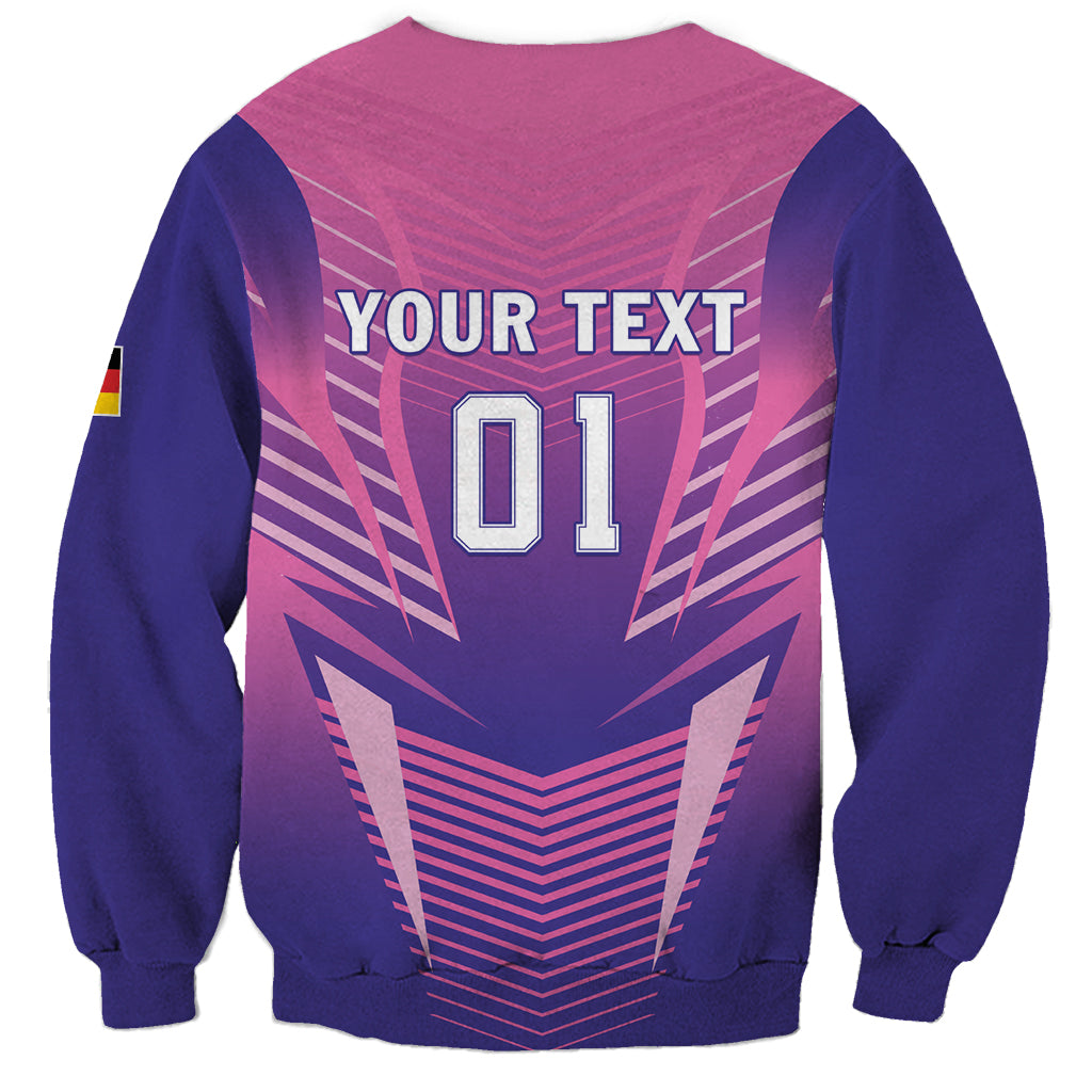 Pink football sweatshirt with navy sleeves, graphic back print 'YOUR TEXT' and '01'