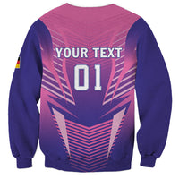 Pink football sweatshirt with navy sleeves, graphic back print 'YOUR TEXT' and '01'