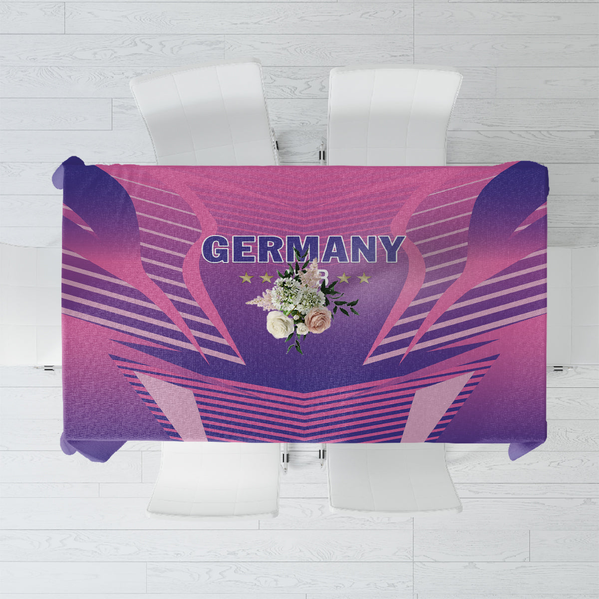Football tablecloth folded display with Germany crest graphic and purple geometric design