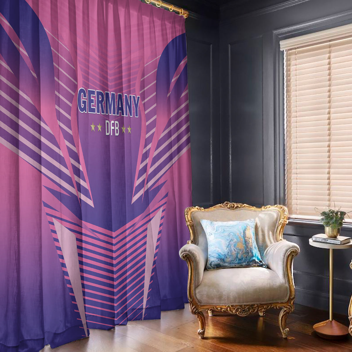 Pink Germany football window curtain with DFB logo and geometric stripe pattern, grommet top