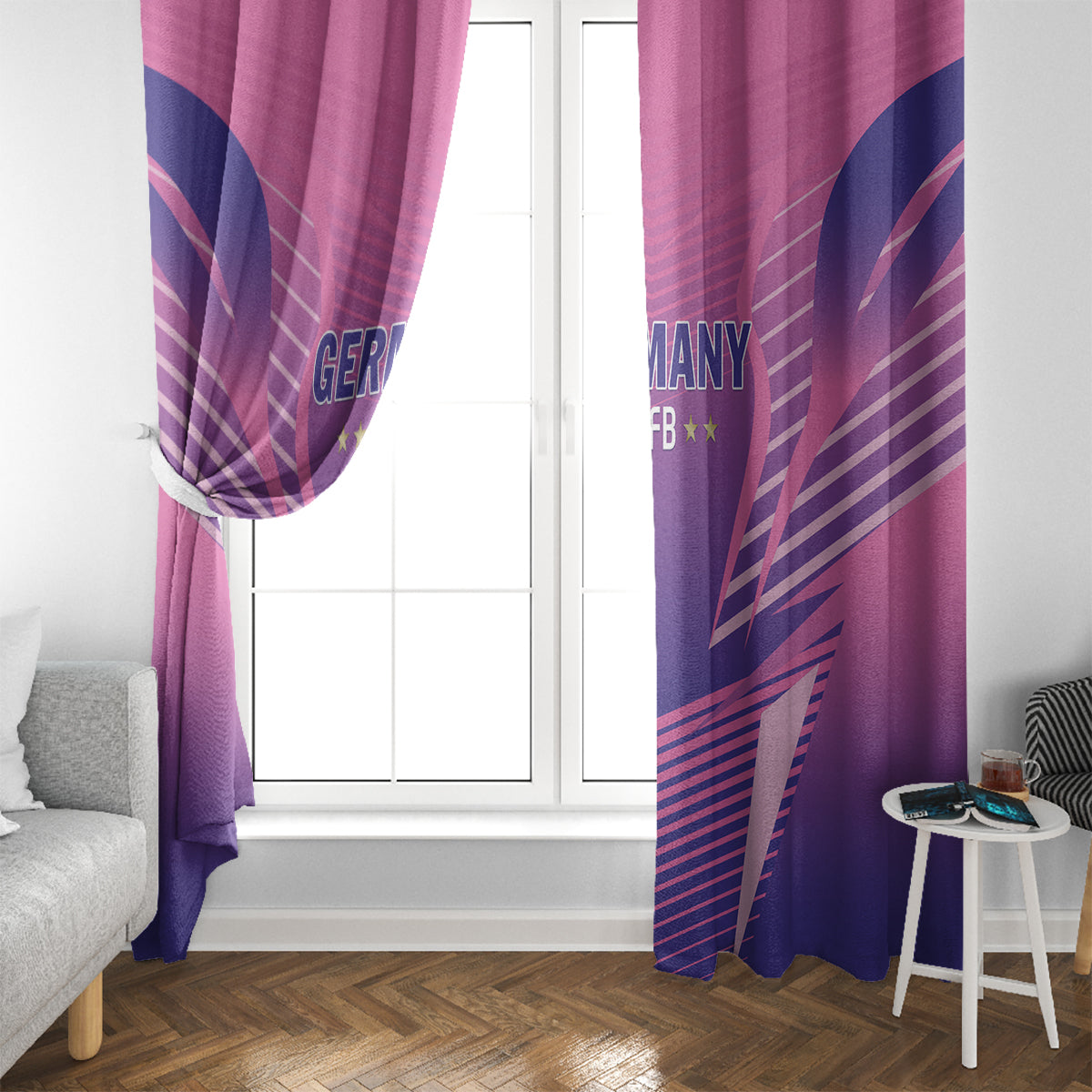 Pink Germany football curtain panels by a window, showing DFB text and geometric stripe design