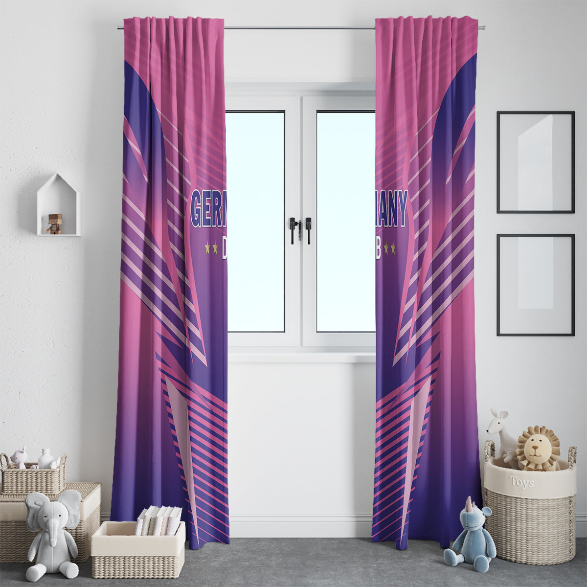 Pair of pink Germany football curtains with DFB lettering and navy geometric stripes