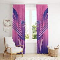 Pink Germany football curtains with DFB logo, centered in front of two window panes