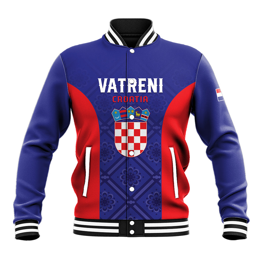 Blue baseball jacket with front VATRENI Croatia crest, button snap, striped ribbed cuffs.